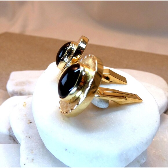 Estate VTG 14k Solid Yellow Gold Black Onyx Cufflinks 15.6 gr Wedding Tuxedo - Picture 2 of 7